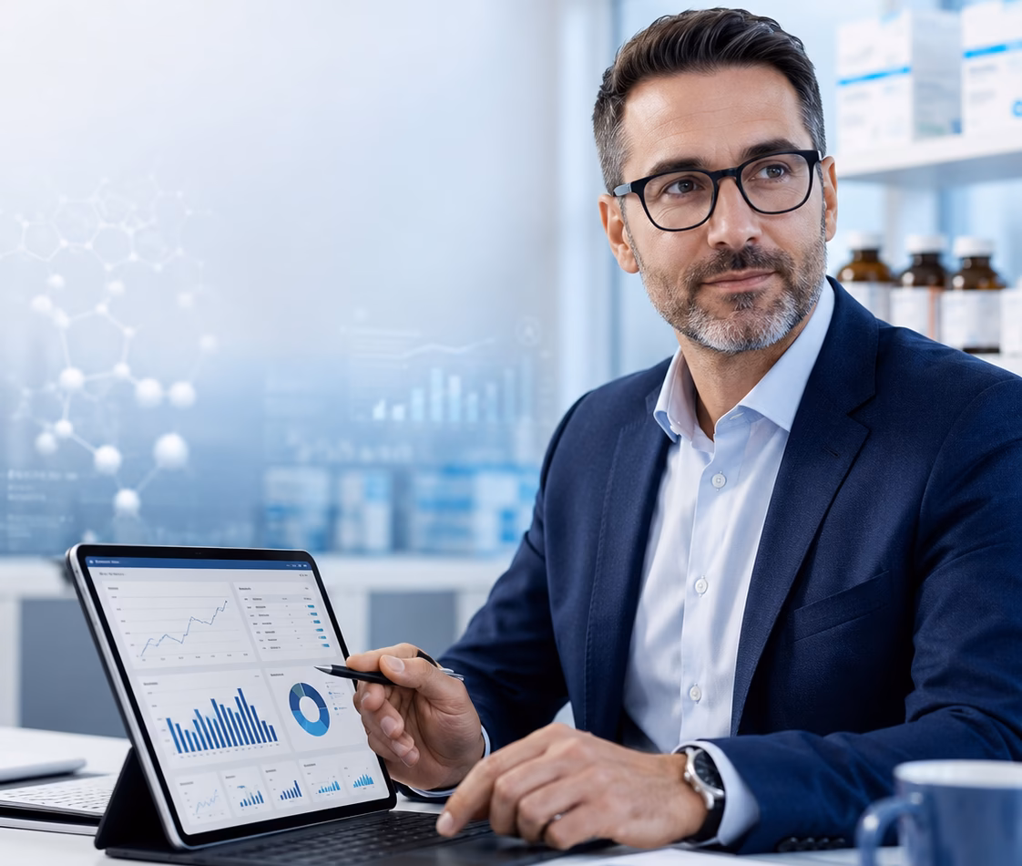 Businessman analyzing pharma sales charts on a tablet