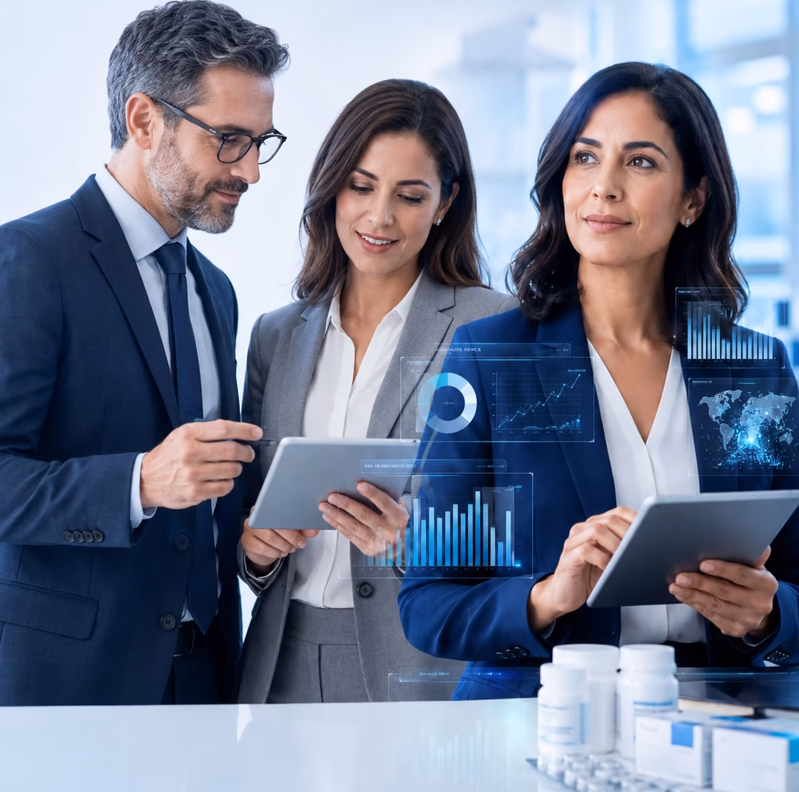 Pharma commercial team reviewing analytics on a tablet
