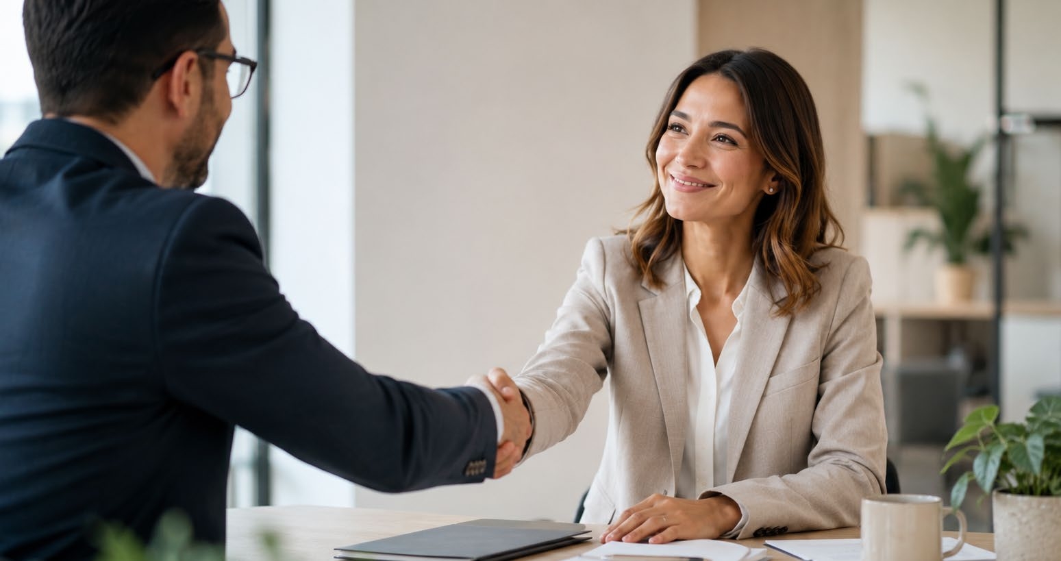 Business handshake in an office