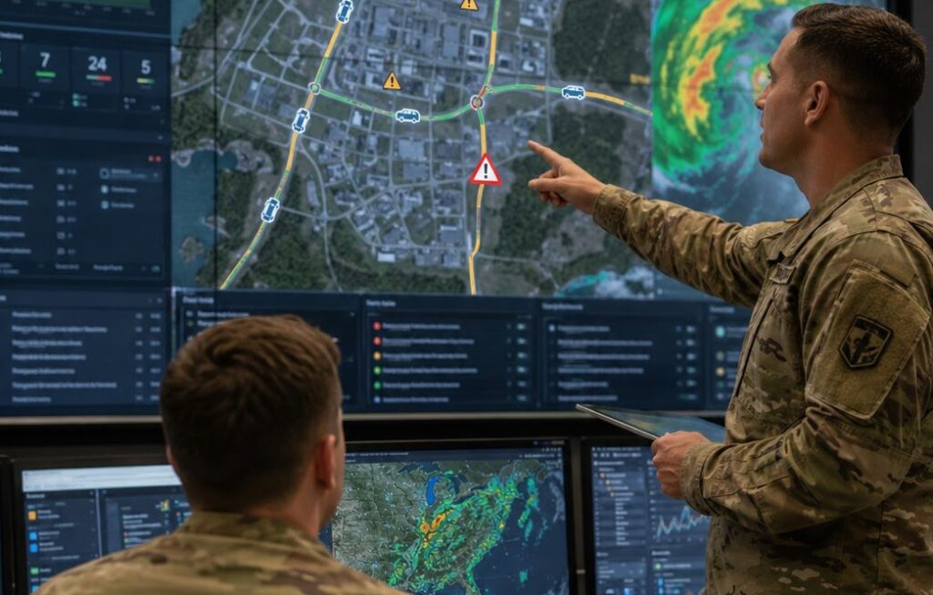 Army analysts reviewing traffic and weather map data