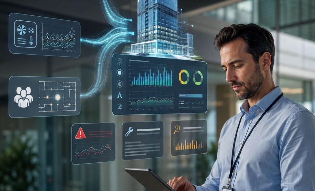 Engineer analyzing energy grid data on a digital display