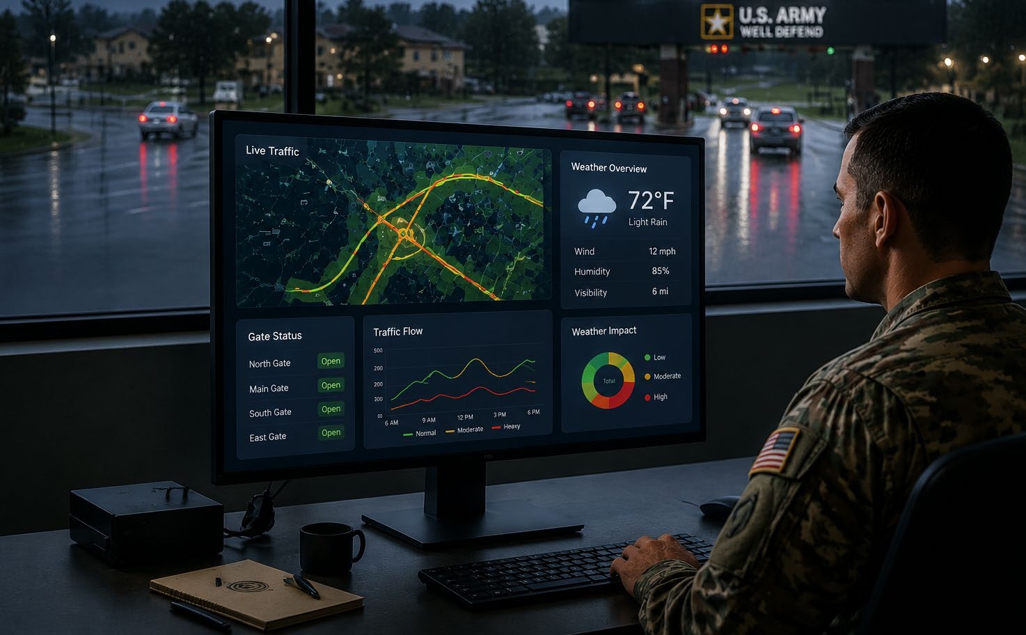 Analyst monitoring traffic and weather dashboards