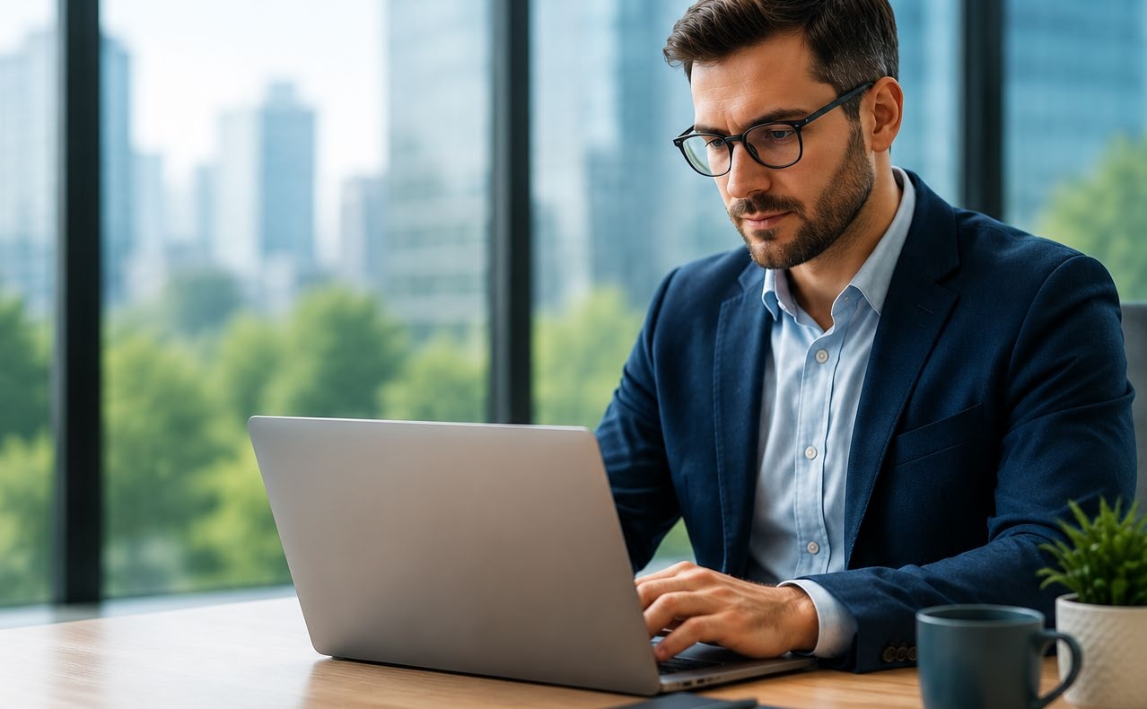 Businessman working on a laptop in an office