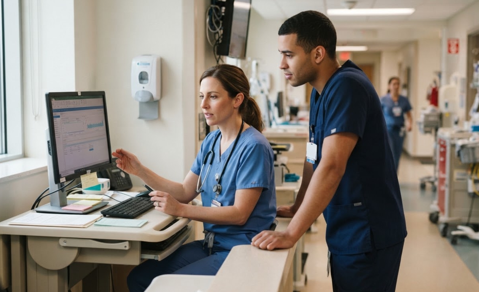 Nurses using a hospital workstation
