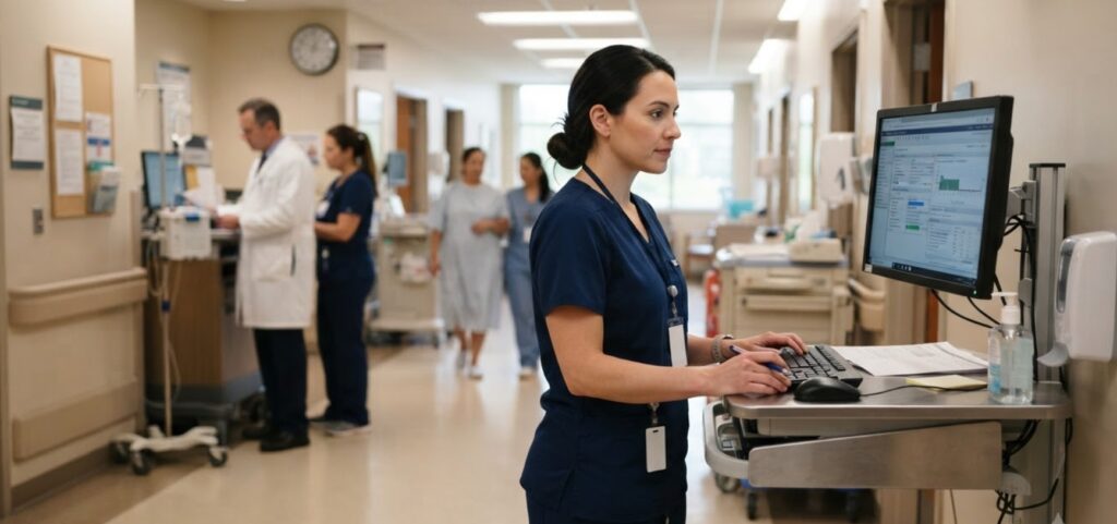 Nurse working at a hospital computer station