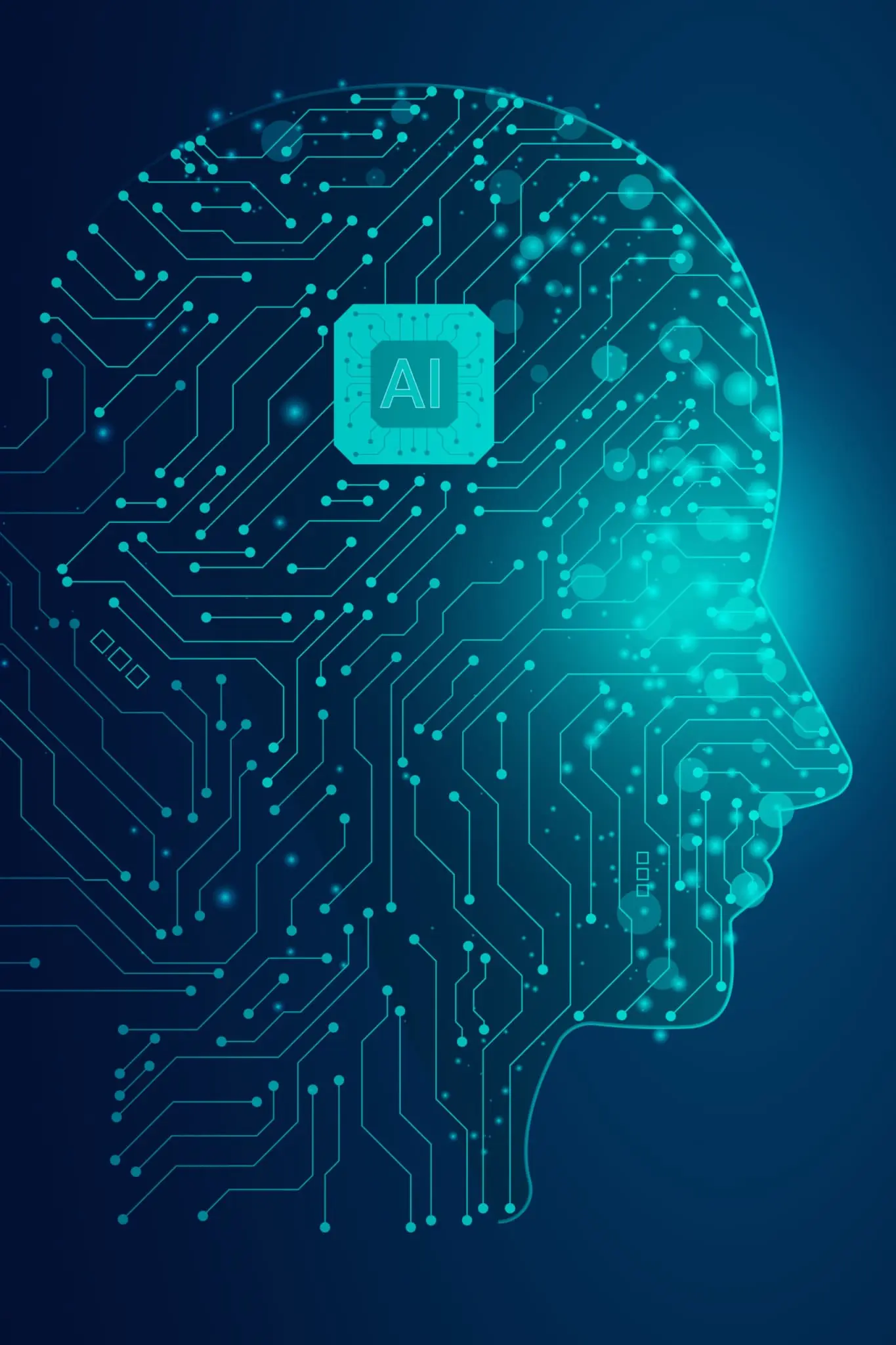 Human head profile formed by AI circuit board lines